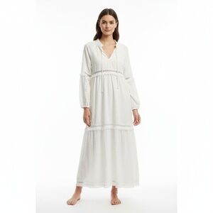 Line and Dot Maxi Dress Womens Size S White Tiered Fringe Bohemian Chic EUC